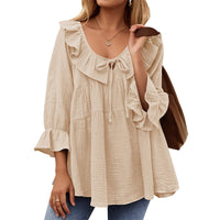 Round Neck Tied Front Dart Multi-layer Loose Waist Shirt