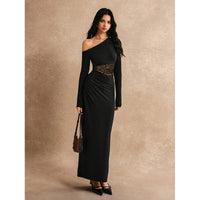 Women's Solid-Color Off-Shoulder Long-Sleeve Lace Dress