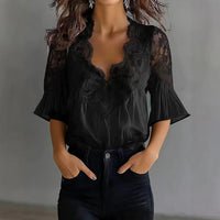 Women's Lace-Patchwork Puff-Sleeve Pleated Short-Sleeve Shirt