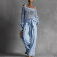 Womens Comfortable Hollow-Out Knitted Top And Linen Pants Two-Piece Set