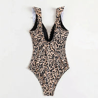 European And American-style Leopard-print Modest Full-Coverage Slimming Womens Ruffled Beach Spa Swimsuit