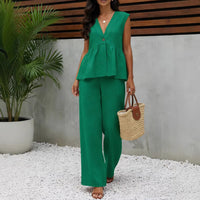 Womens Casual V-neck Top And Wide-leg Pants Two-piece Set
