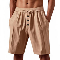 Mens Loose Linen Beach Casual Washed Button Cropped Sports Shorts