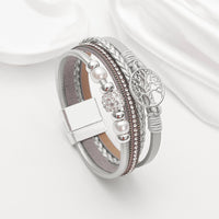 Drilled-bead Multi-layer PU Leather Braided Magnetic-clasp Bracelet