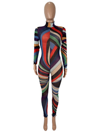 Women's Sexy Color Positioning Printing Long Sleeve Mesh Jumpsuit