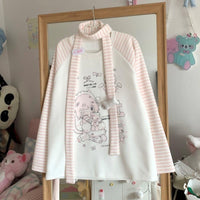 Sweet Girl Kitten  Striped Round Neck Fleece-lined Sweater
