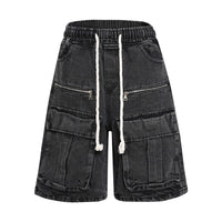 Washed Distressed Multi-pocket Elastic Waist Denim Shorts