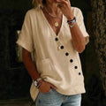 V-neck Solid-color Casual Cotton-linen Top With Buttons For Women