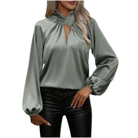 Womens Satin V-Neck Long-Sleeve Loose Top