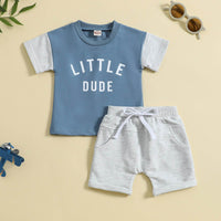 Children's Round Neck Letter Print Top Solid Color Shorts Two-piece Set
