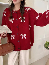 Bow Knit Sweater Coat Women Loose Design Sense Cardigan Top Casual Style