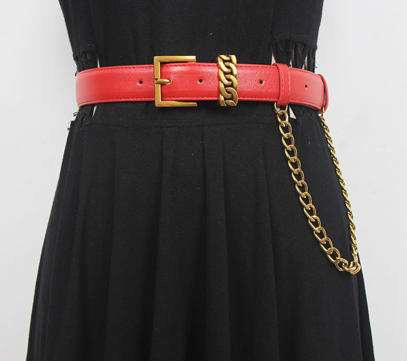 Versatile Ins Style Genuine Leather Gold Mouth Square Head Decorative Waistband