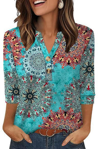 Womens Plus-Size Loose V-Neck Buttoned Three-Quarter Sleeve T-Shirt