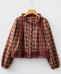 Red Dahlia Check Hollow Lace Edge Button Loose Long Sleeve Shirt