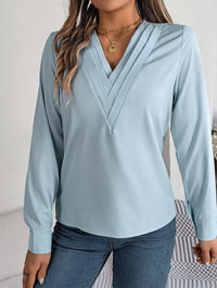 Elegant Solid Color Layered V-Neck Long Sleeve Blouse