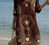 Women's Casual Round Neck Mid Sleeve Print Cotton And Linen Dress