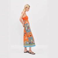 Linen Printed Pleated Elastic Strap Dress