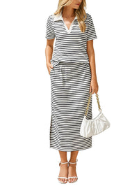Womens Lapel T-shirt And Slit Skirt 2-piece Set