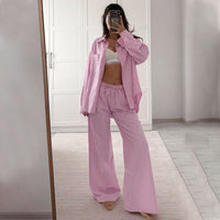 Fashionable Striped Casual Simple Womens Long-Sleeve Top And Pants Loose Set