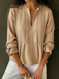 Casual Solid-color V-neck Long-sleeve Striped Cotton-linen Top