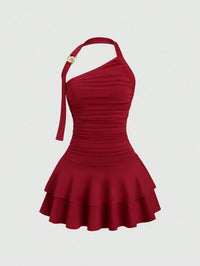 One-Shoulder Halterneck Slimming Waist-Cinching Pleated Skirt Pure And Alluring Versatile Off-Shoulder Dress