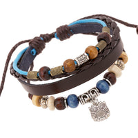 Retro Beaded Cowhide Adjustable Personalized Owl Pendant Leather Bracelet