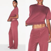 Womens Casual Loose Short-Sleeve Top And Wide-Leg Pants Set