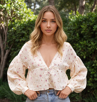 Embroidered Fabric Lantern Sleeves And A V-neck With Lace Detailinga Sophisticated Blouse
