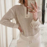 Fashion Women's Wear Pullover Zipper Half Cardigan Hollow Out Sweater