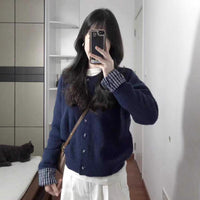Navy Blue Knitted Women's Plaid Stitching Single-breasted Sweater