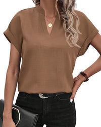 Summer Simplicity Fashion V-neck Short Sleeve Linen Shirt For Women