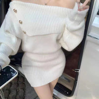 Pure Desire Style Oblique Shoulder Long Sleeve Knitted Dress For Women