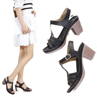 European And American Women's Metal Buckle Stitching Thick High Heel Comfortable Sandals