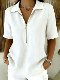 Solid-color Lapel-zip Mid-sleeve Womens Blouse