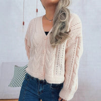 Casual Short Twist Hollow-out Knitted Cardigan Single-breasted V-neck Sweater