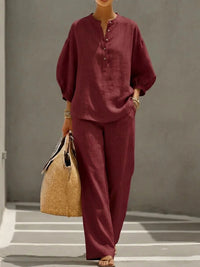 Women's Solid Color Shirt And Pants Set