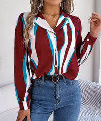 Women's Casual Versatile Color Block Stripe Notched Lapel Long Sleeve Shirt