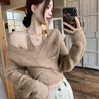 Fake Two-piece Off-shoulder Halter Long-sleeved Sweater