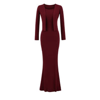 Strap Fish-tail Maxi Dress With Long-sleeve Cardigan A Sassy Two-piece Set For Women
