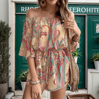 Printed Off-Shoulder Cinched Waist Short Jumpsuit For Women