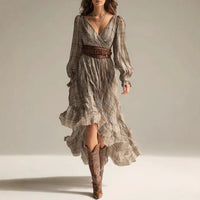 Plaid V-neck Long-sleeve Dress With Ruffled Hem