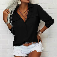 Women's Elegant Solid Chiffon Blouse Spring Summer Casual Long Sleeve V Neck Loose Shirt Office Lady Tunics Tops