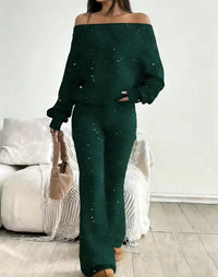 Sequined Off-the-Shoulder Long Solid-Color Womens Suit