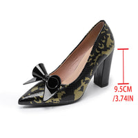 Pointed-toe Low-cut Floral Womens Pumps With A Bow And Chunky Heel