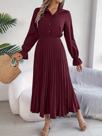 Women's Casual Lapel Button Long Sleeve Tie Waist Pleated Maxi Dress