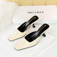 Simple High-heeled Square-toe Shallow-mouth Glossy Patent Leather Slippers