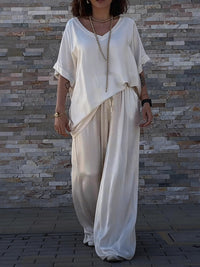 Women's V-Neck Short Sleeve Pullover Top And Matching Long Pants Casual Cotton Blend Multicolor Outfit