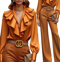 Elegant Polyester Patchwork Long-Sleeve Top And Pants Set
