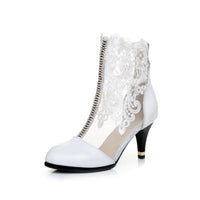 Women's Leather Mid-high Heel Hollow Lace Heel Short Boots