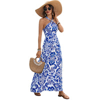 Blue-and-White Porcelain Print Halterneck Dress European And American Style Cross-Border Resort Beach Long Dress